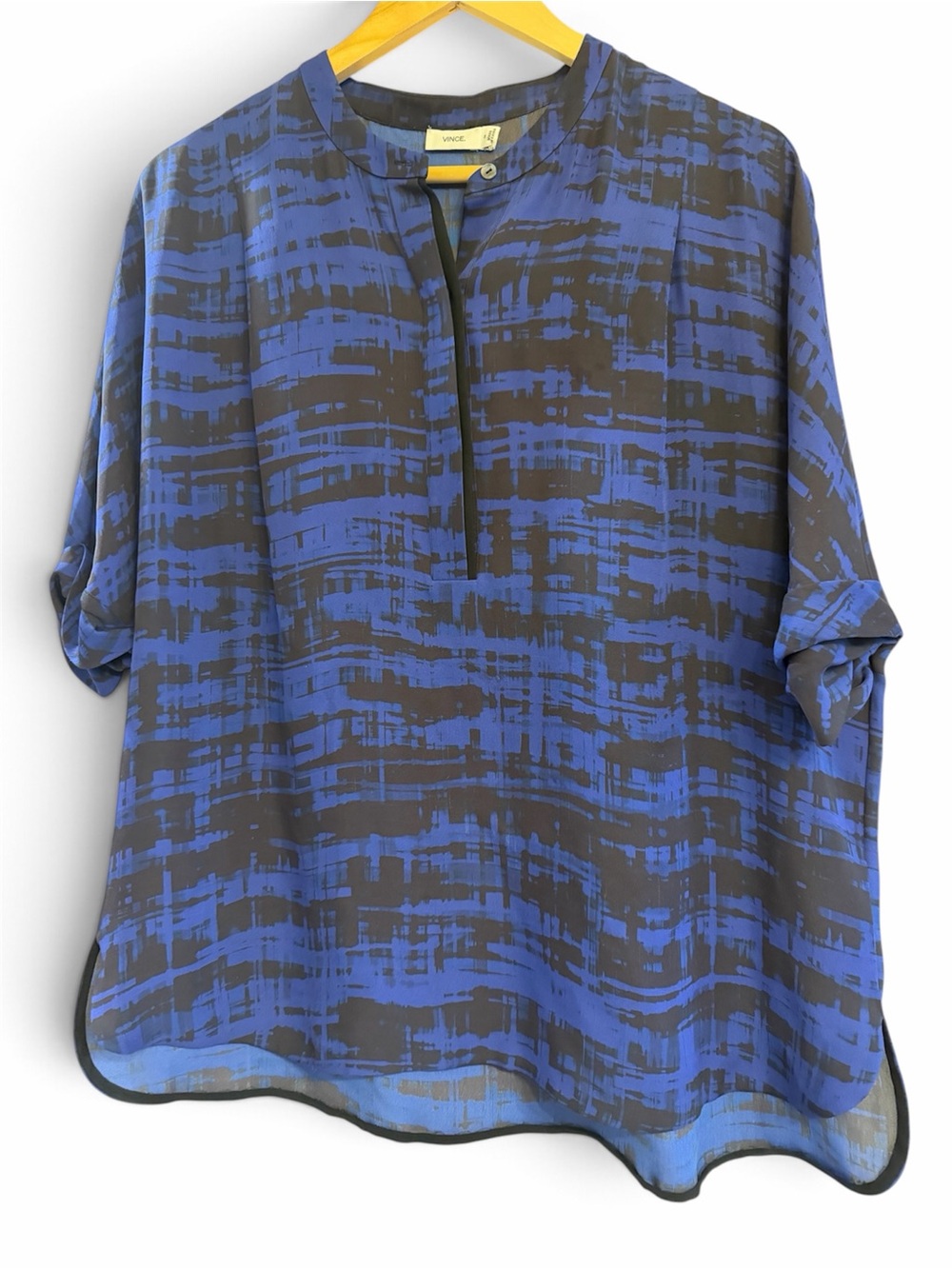 Vince 100% Silk Popover Blue & Black Abstract Print Blouse